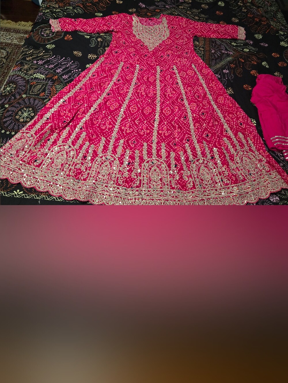 Women’s Hot Pink and Gold Embroidered Midi Anarkali Dress
